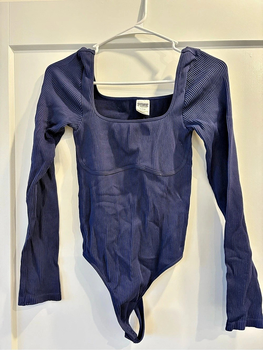 Victoria's Secret PINK Ribbed Long Sleeve Bodysuit in Blue Size Medium Like New